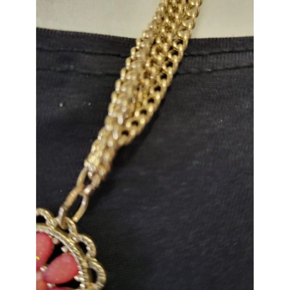 Vintage Mexican Bib Cascade Beaded Pendant Chain Necklace Orange Gold Green Red